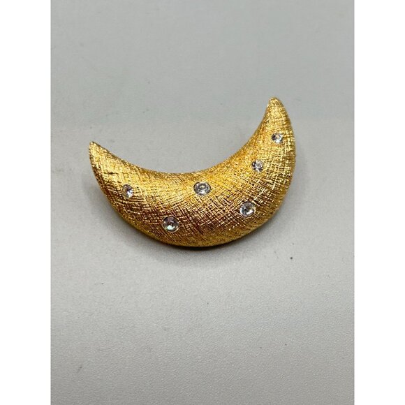 Vintage Christian Dior Moon Brooch Textured Gold Tone Crystals Crescent Moon - Picture 4 of 7